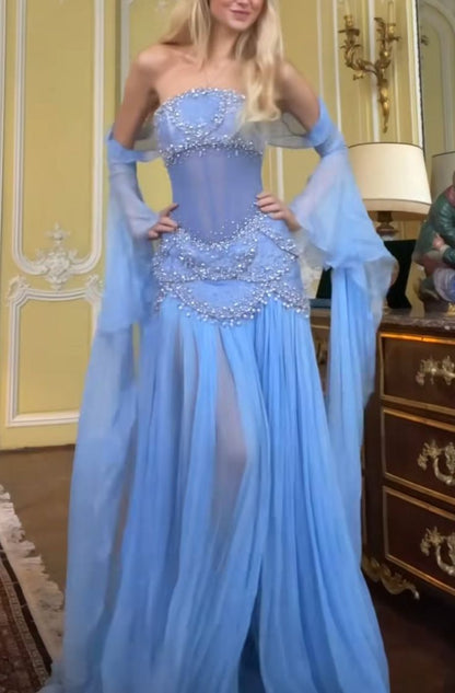 Luxury Baby Blue Pearl Chiffon Prom Dress Princess Birthday Dress For Women AB1455
