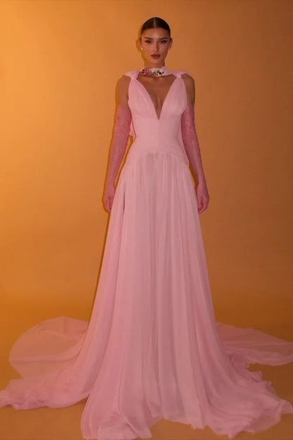 Beautiful A line V Neck Pink Chiffon Party Dresses Prom Dresses Impress Wedding Guest Dress N890