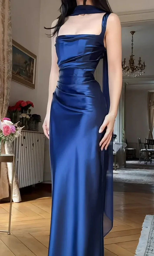 Simple Mermaid Square Neck Blue Satin Prom Dresses Long Evening Formal Gown Wedding Guest Party Gowns N360
