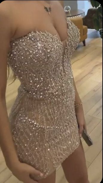 Sparkly Sheath Strapless Champagne Sequined With Beading Sleeveless Mini Senior Inspo Short Homecoming Dresses N4749