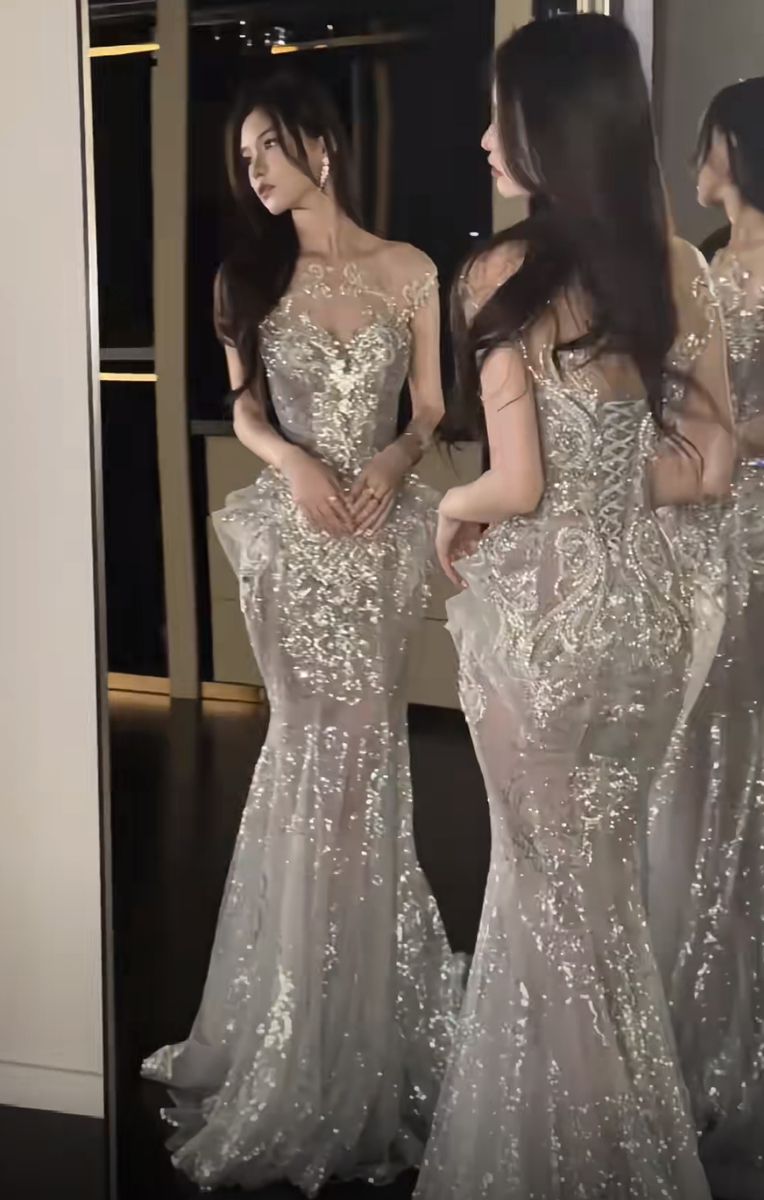 Sparkly Mermaid Sweetheart Silver Sequin Long Prom Dresses Senior Graduation Dance Evening Outfits N038