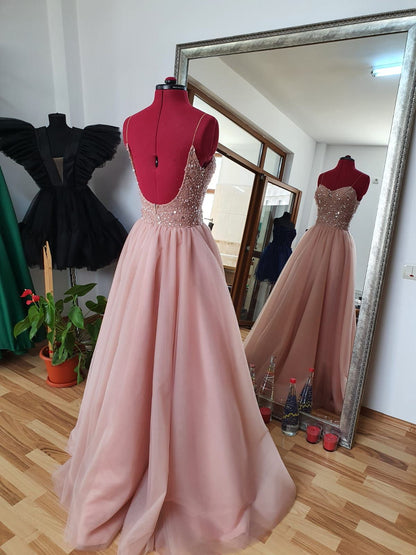 Unique A line Spaghetti Strap Pink Tulle Slit Prom Dresses With Beaded For Teens Formal Dress Party Outfits Prom Gown N037