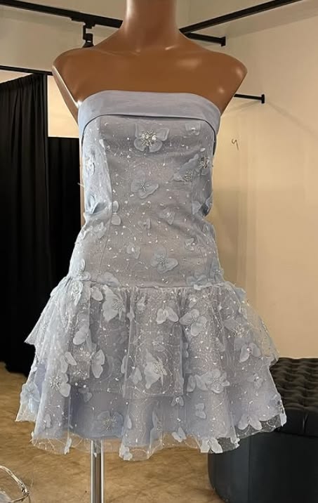 Cute A Line Strapless Light Sky Blue Lace Mini Senior Inspo Short Party Outfits Formal Homecoming Dresses RB3040