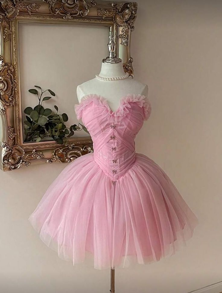 Sexy Ball Gown Sweetheart Pink Tulle Mini Graduation Dresses Short High School For 8th Grade omecoming Gown RB3393