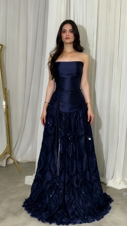 Elegant Straps Sheath Midnight Blue Long Prom Dresses Satin Midnight Blue Evening Gown N1863