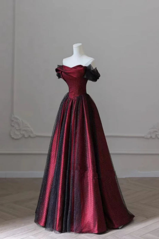 Black and Red Tulle Prom Dresses Long A-line Off Shoulder Wedding Party Gown Birthday Gowns AB916