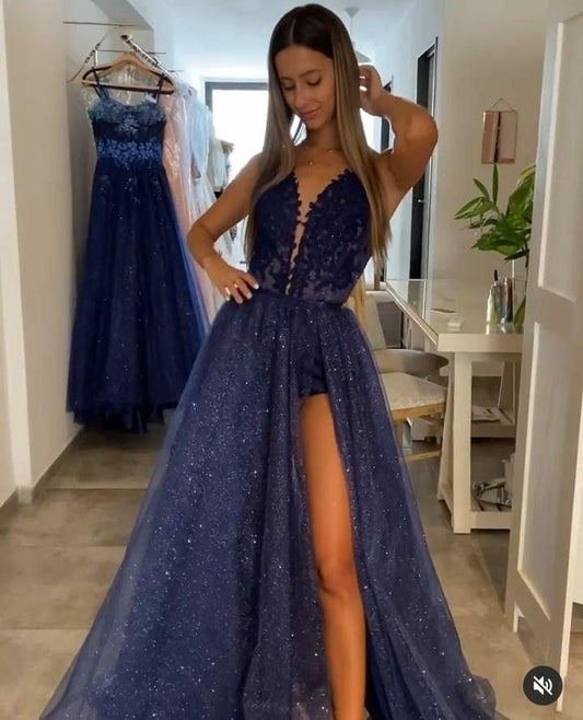 A-line V Neck Spaghetti Straps Long/Floor-Length Tulle Prom Dresses With Appliqued Glitter Split Left AB913