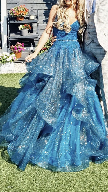 Ball Gown Blue V-neck Tulle Appliques Sequins Long Prom Dress Spaghetti Strap Evening Dress Birthday Gowns AB927