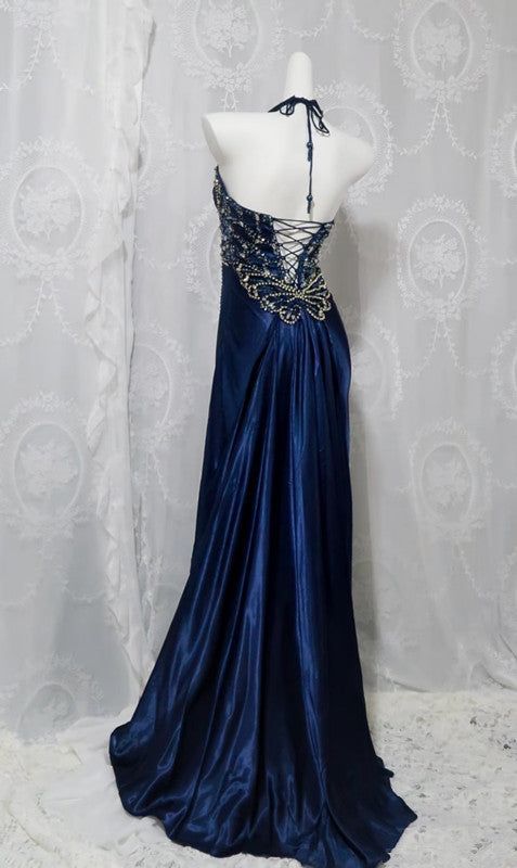 Luxury Mermaid Navy Blue Beaded Slit Evening Dress Formal Prom Dress For Party Gown AB328