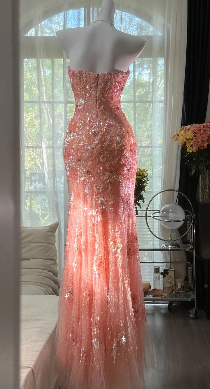 Mermaid Coral Formal Dresses Tulle Sequin Sweetheart Neck Long Prom Dresses Coral Evening Dresses AB328