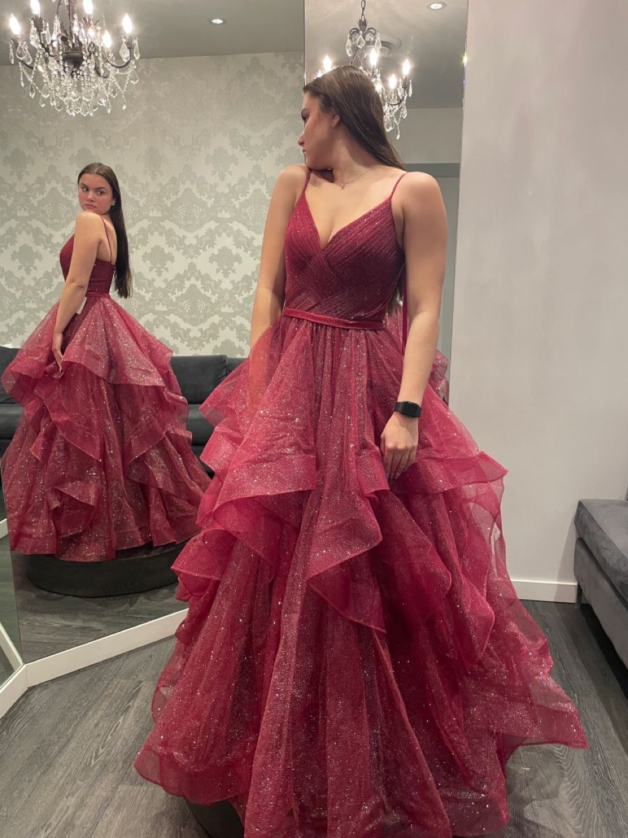 Ball Gown Spaghetti Straps Ruffled Long Prom Dress Burgundy Prom Dresses Birthday Gowns AB933