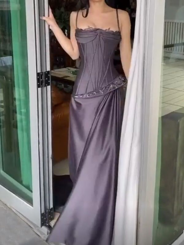 Vintage A Line Spaghetti Strap Grape Satin With Pleated Formal Gowns Evening Maxi Prom Dress Aesthetic For Women Party Outfits AB1218