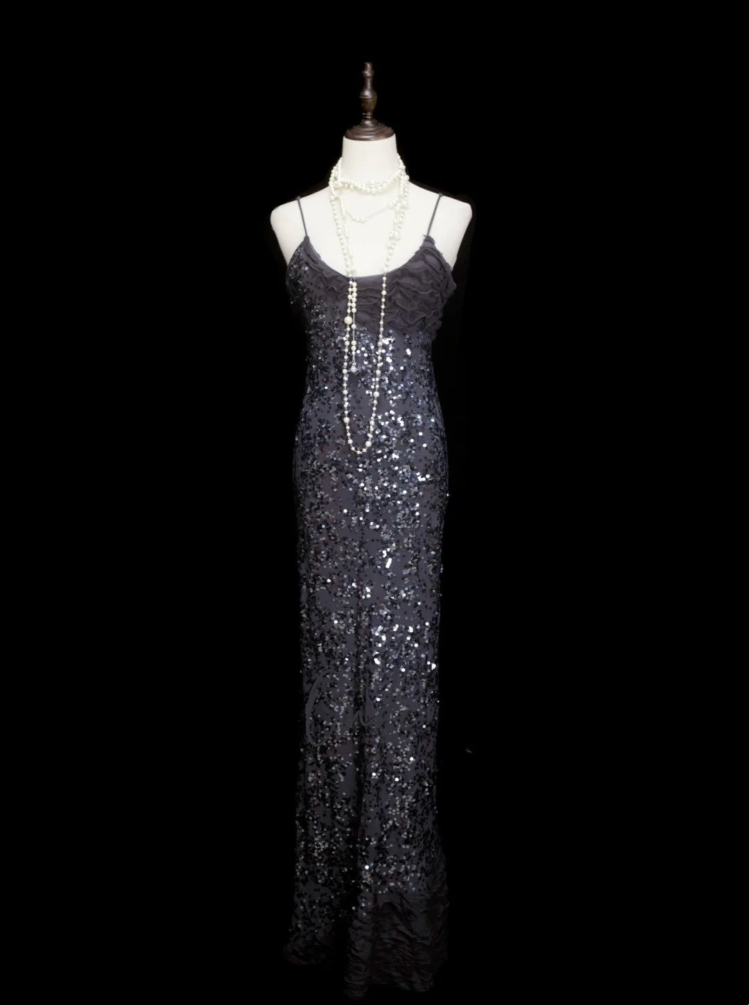 Vintage Fashion Night Aesthetic Mermaid Spaghetti Straps 80s 70s 90s Silver Grey Sequin College Formal Outfit Long Prom Graduation Dresses N1145
