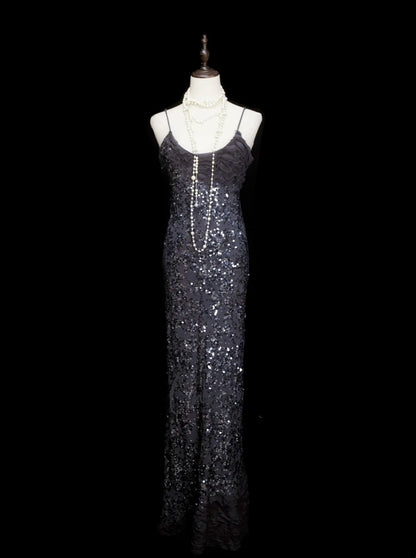 Vintage Fashion Night Aesthetic Mermaid Spaghetti Straps 80s 70s 90s Silver Grey Sequin College Formal Outfit Long Prom Graduation Dresses N1145