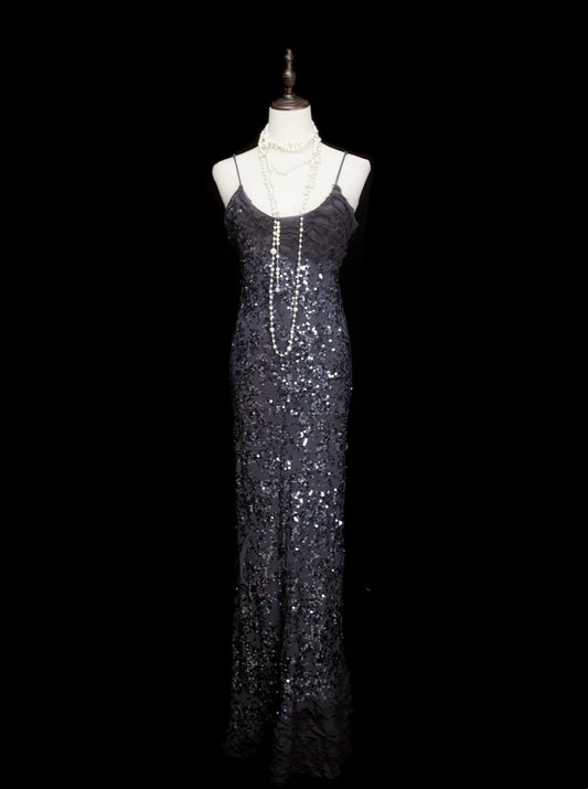 Vintage Fashion Night Aesthetic Mermaid Spaghetti Straps 80s 70s 90s Silver Grey Sequin College Formal Outfit Long Prom Graduation Dresses N1145
