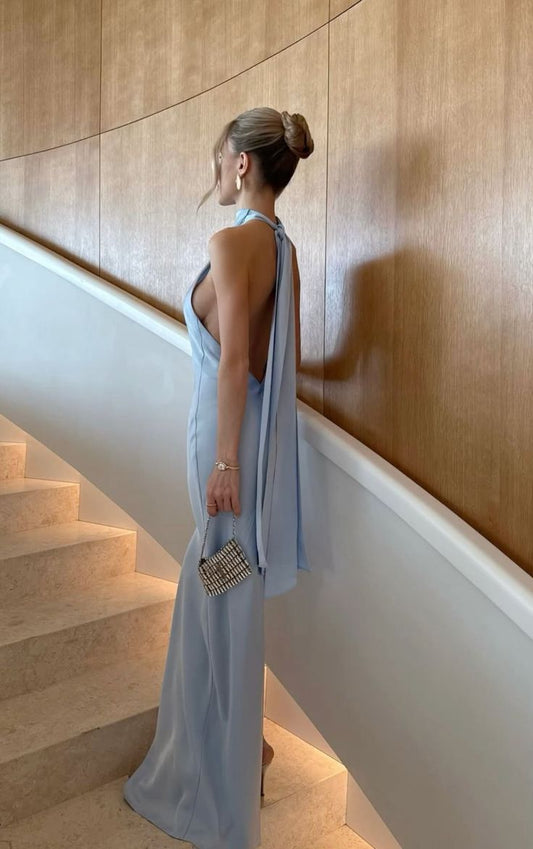 Sexy Mermaid High Neck Blue Backless Long Evening Summer Beach Black Tie Formal Dresses Wedding Guest Dress N1409