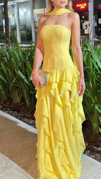 A-Line Strapless Multi-Layered Ruffled High Slit Prom Dresses Wedding Guest Dress N264