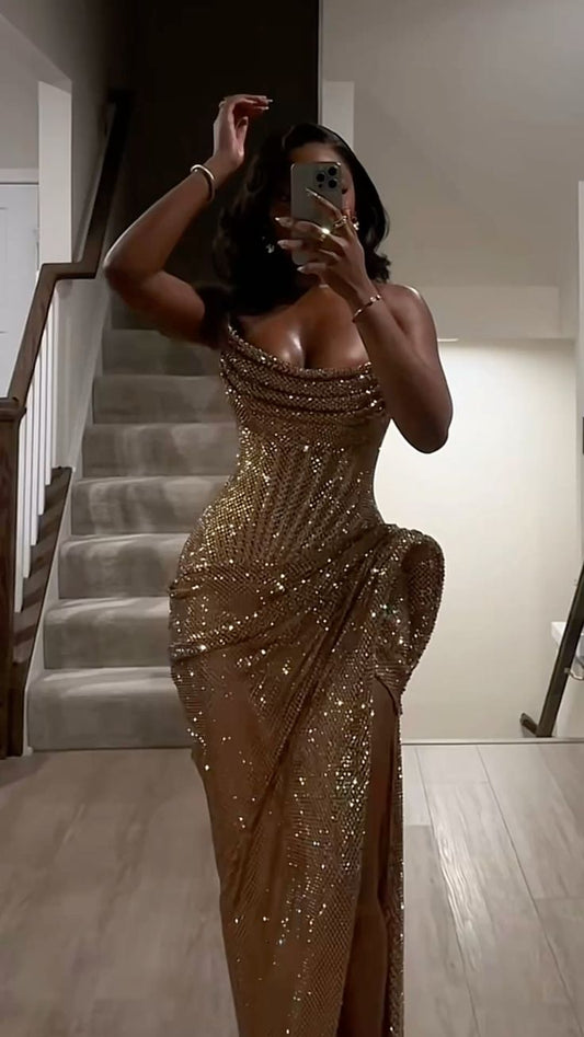 Glamorous Mermaid Strapless Sequins Long Pleated Prom Dress with Split For Teens AB1629