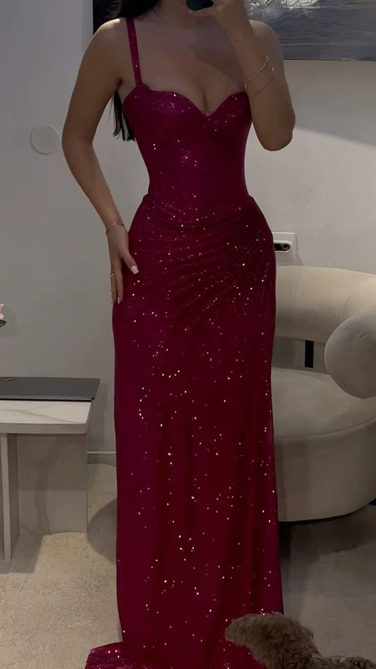 Modest Mermaid Spaghetti Straps Hot Pink Sequins Ruffled Prom Dresses Long Bridesmaid Dress AB1619