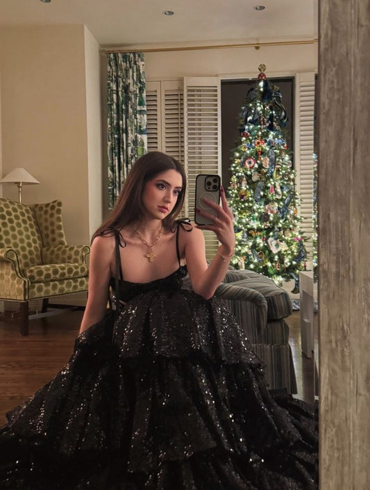 Vintage Ball Gown Spaghetti Strap Black Lace 90s Prom Dresses For Teens Formal Dress Party Outfits Prom Gowns AB1072