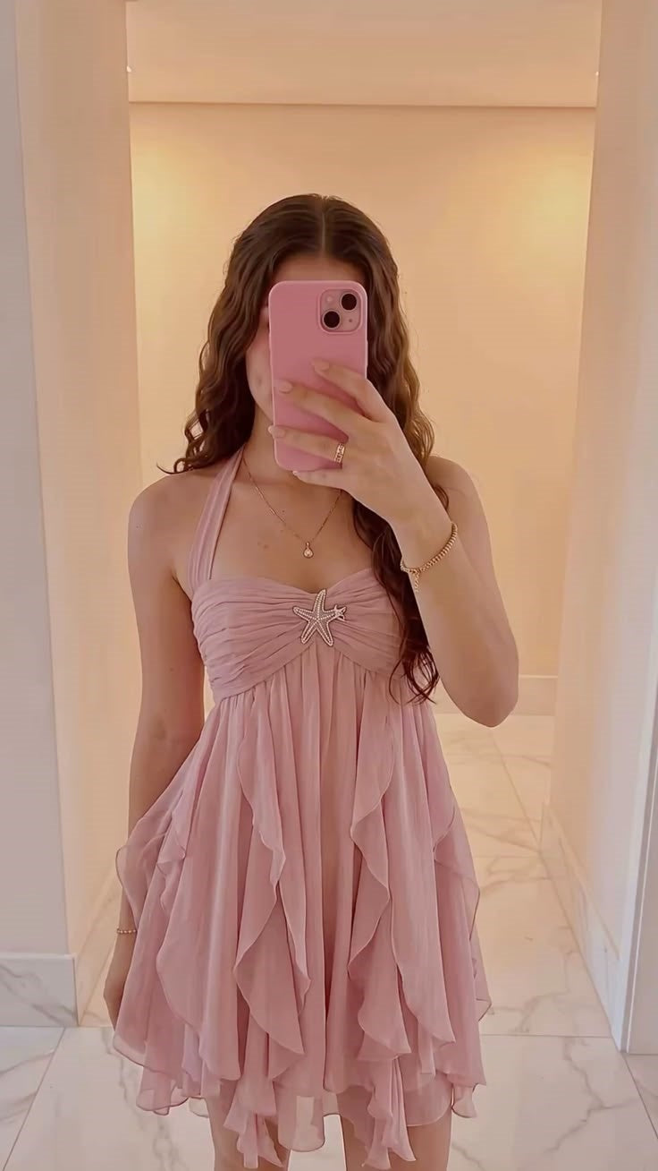 Simple Homecoming Dresses Outfit inspo A line Pink layered dress halter chiffon 16th Birthday Cocktail Ideas Outfits RB8352