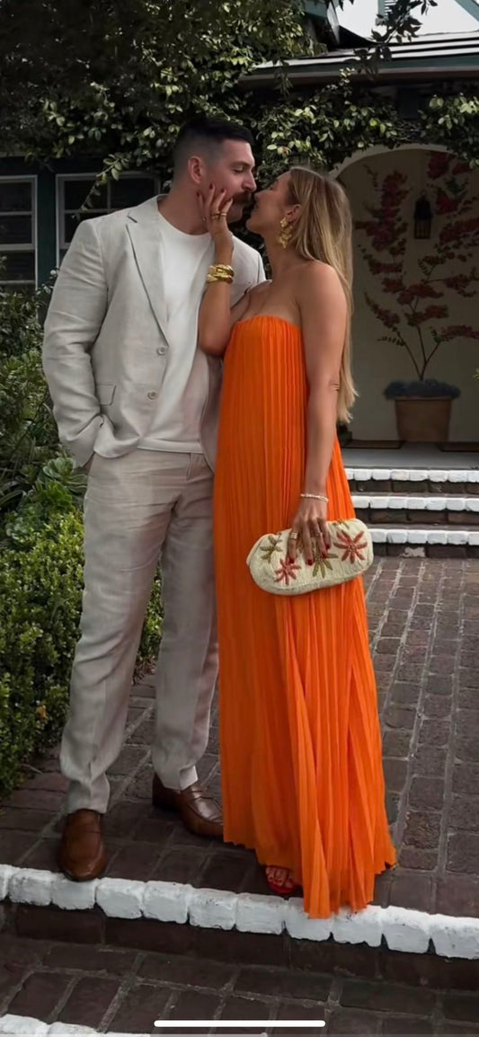 Modest A line Strapless Chiffon Orange Evening Spring Summer Beach Formal Wedding Guest Dresses N2563