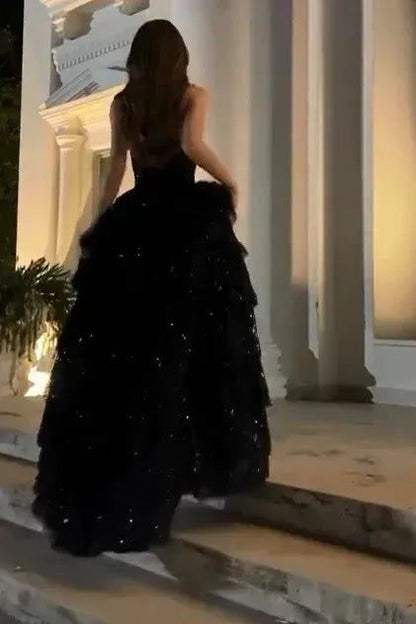 Gorgeous A Line Strapless Sleeveless Lace Up Floor-Length Black Slit Prom Dresses Vestidos Evening Gowns AB487