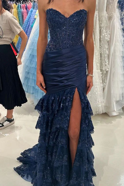 Mermaid Strapless Sequins Lace Appliques Prom Dress 2026 Formal Evening Gowns AB504