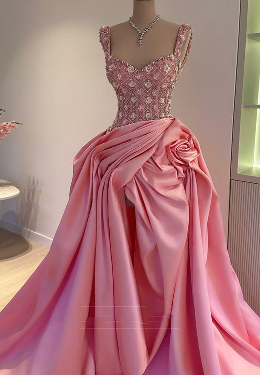 Women Square Straps Floral Beaded Ruched A-Line Prom Dresses Evening Gowns AB505
