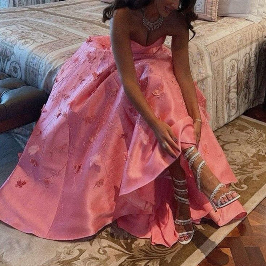 Pink Sweetheart A-Line Satin Beading Floral Long Prom Dress Birthday Outfits Party Dress Formal Vestidos De Dia AB490