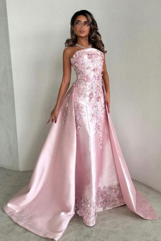 Women Elegant Pink A-Line Strapless Satin Party Dress with Appliques and Detachable Train Evening Gowns AB498
