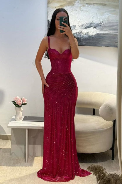 Hot Pink Glitter Bodycon Prom Dresses 2026 with Sweetheart Neck Spaghetti Straps Ruched Side Slit Vestidos Evening Gowns AB494