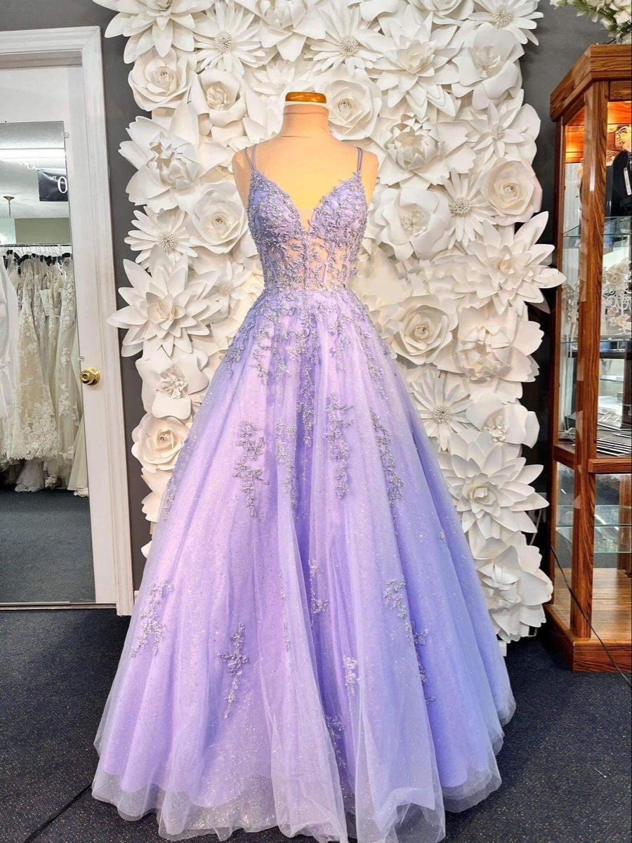 Modest Ball Gown Spaghetti Strap Lilac Lace Long Prom Dresses For Teens Formal Dress Party Outfits Prom Gowns AB1073