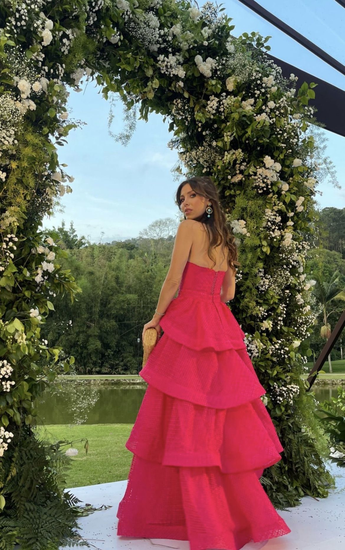 Attractive Ball Gown Sweetheart Basque Waist Corset Ruffle Hot Pink Long Formal Party Prom Dresses AB378