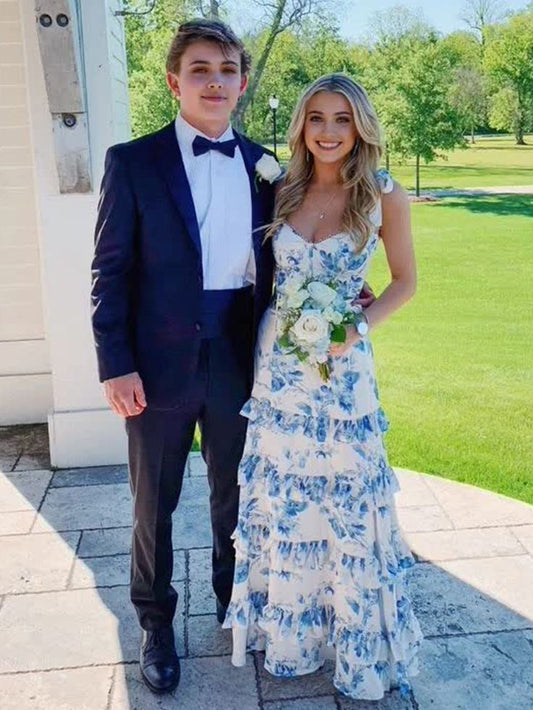 Attractive Sexy A-Line Long Spaghetti Straps Blue Floral Prom Dress AB376