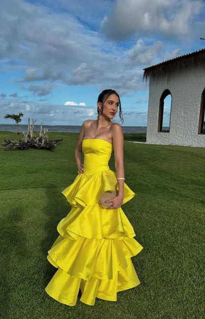 Sexy Ball Gown Strapless Basque Waist Corset Ruffle Yellow Satin Long Formal Party Prom Dresses AB380