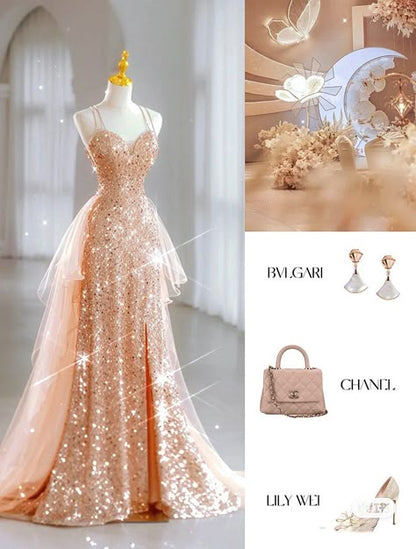 Luxury Evening Dresses Train Bride Beach Party Gold Sequins Douber Straps Prom Dresses Formal Gowns AB520
