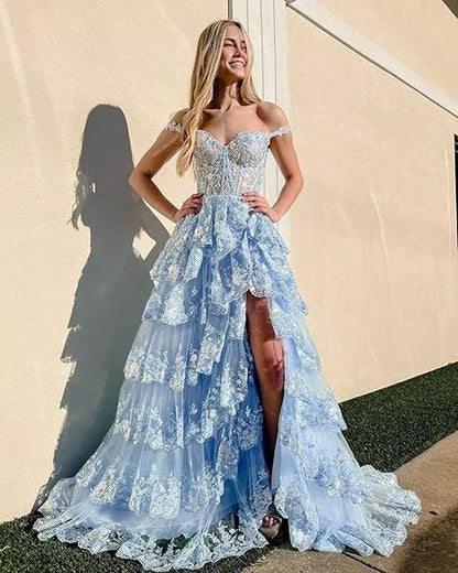 Off The Shoulder Layered Navy Blue Lace Long Prom Dress with Split Vestidos De Dia AB530