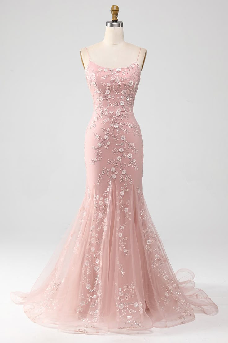 Spaghetti Straps Blush Pink Sparkly Beaded Mermaid Long Prom Dresses Vestidos De Dia AB526
