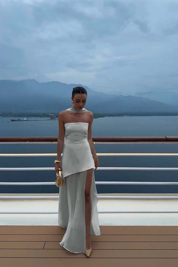White Strapless Satin Chiffon Split Holiday Summer Prom Dress 18th Birthday Outfits AB2396