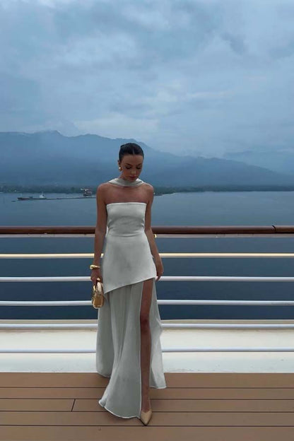 White Strapless Satin Chiffon Split Holiday Summer Prom Dress 18th Birthday Outfits AB2396