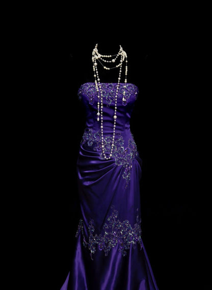Vintage Strapless Purple Satin Prom Dress Applique Formal Party Dress AB320