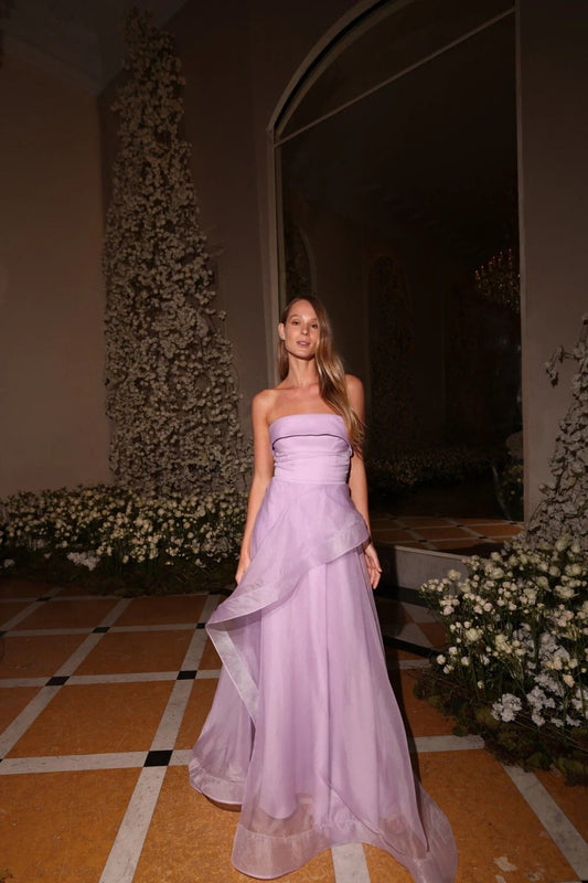 Modest A line Strapless Lilac Tulle Floor Length Senior Prom Dresses Long Formal Party Gowns AB402