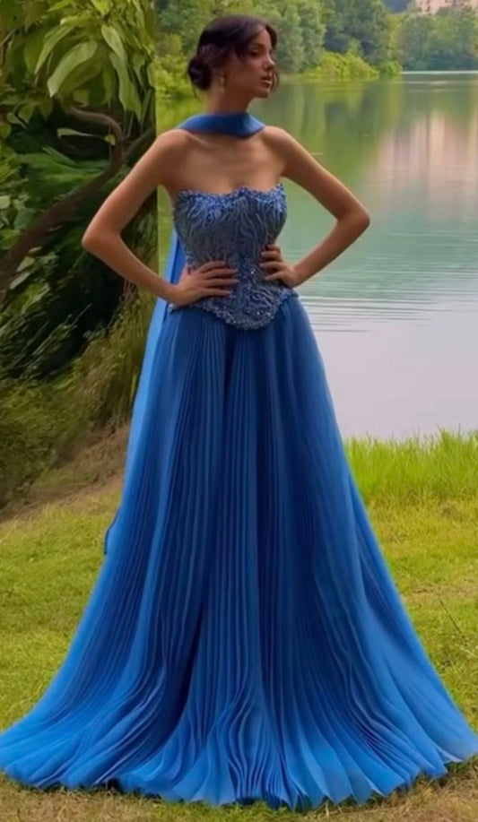 Elegant A line Prom Dresses Chiffon Pleat Ruched Ruffle Strapless Royal Blue Formal Evening Dress Party Gowns AB408
