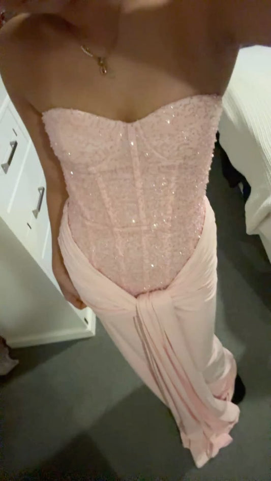 New Arrive Elegant Sweetheart Pink Sequin Long Party Dress Prom Dresses Mermaid Bodycon For Women N4072