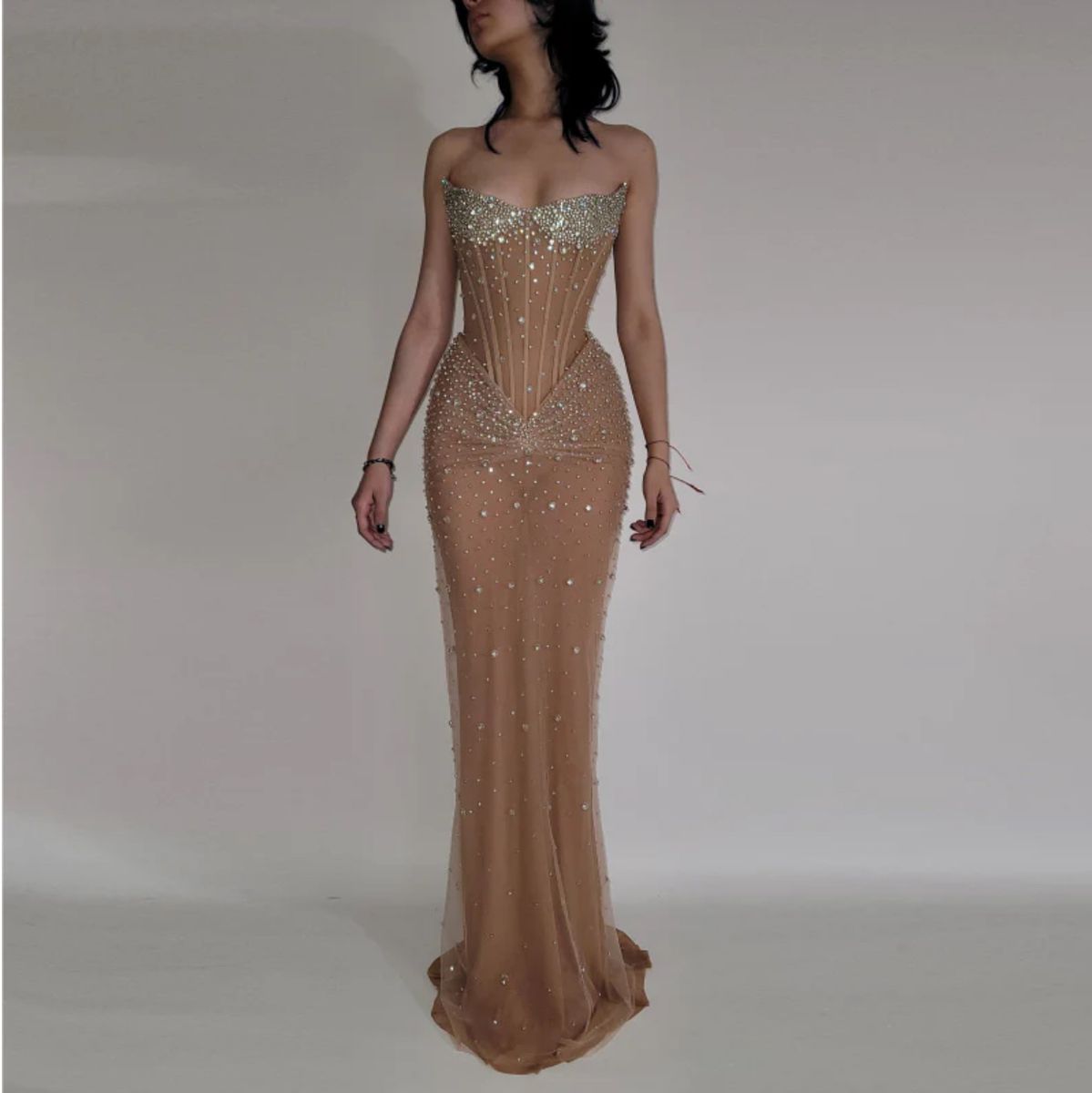 New Arrive Elegant Champagne Long Party Dress Prom Dresses Mermaid Bodycon For Women N4071