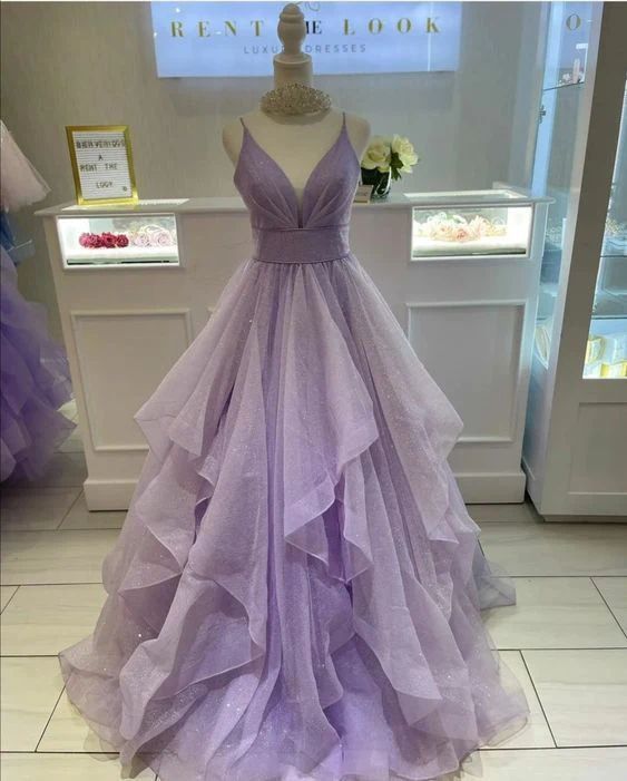 Modest Ball Gown Spaghetti Strap Lilac Tulle Long Prom Dresses For Teens Formal Dress Party Outfits Prom Gowns AB1074