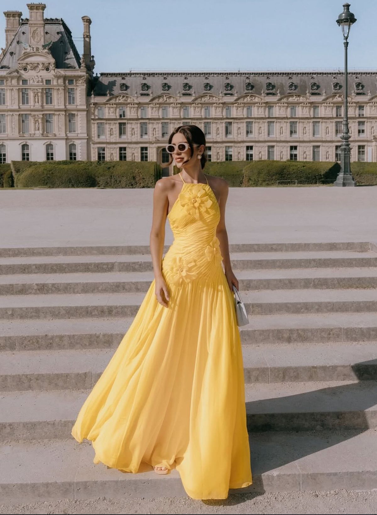 Elegant A line Halter Yellow Prom Dresses Chiffon Pleated Ruffle Formal Evening Dress Party Gowns AB416