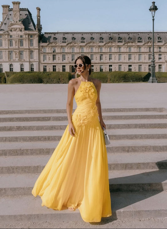 Elegant A line Halter Yellow Prom Dresses Chiffon Pleated Ruffle Formal Evening Dress Party Gowns AB416