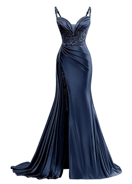 Elegant Mermaid Spaghetti Straps Navy Blue With Lace Slit Long Pleated Ruffles Slit Prom Dresses Vestidos De Dia AB557